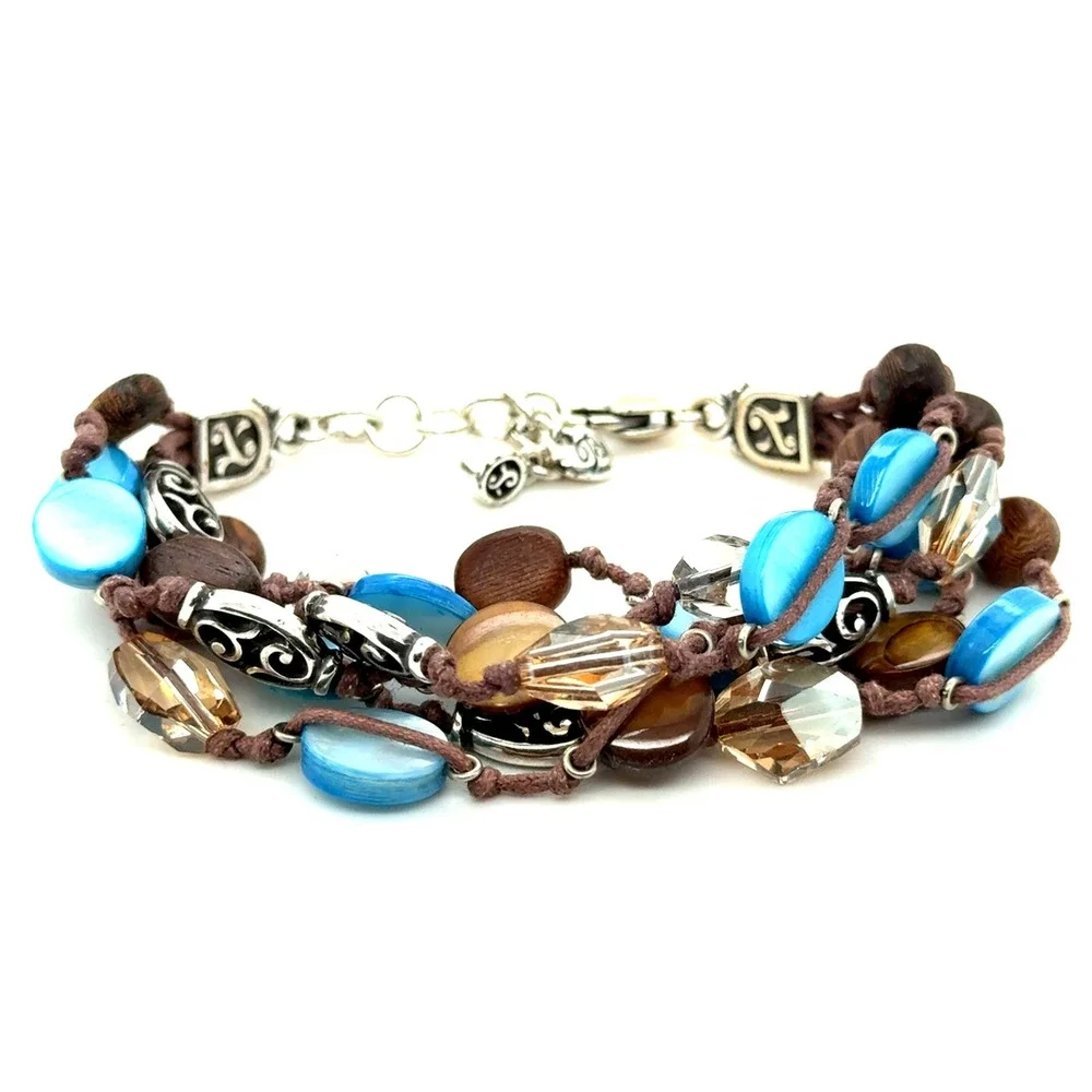 Brighton Multi Strand Beaded Bracelet Blue Shell Wood Crystal Silver Tone 7-8